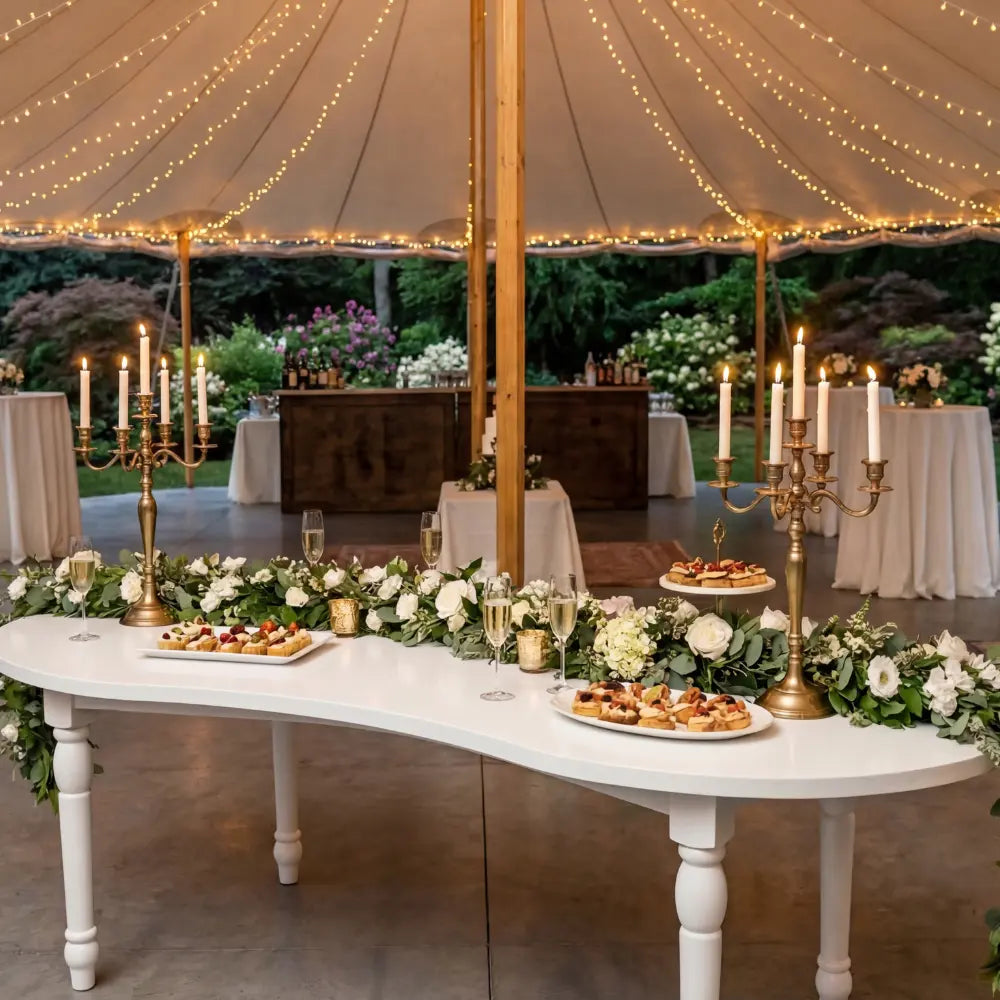 White Crescent Dining Table elegantly set with greenery, brass candelabras, hors d’oeuvres, and sparkling wine, under a canopy at an event reception.
