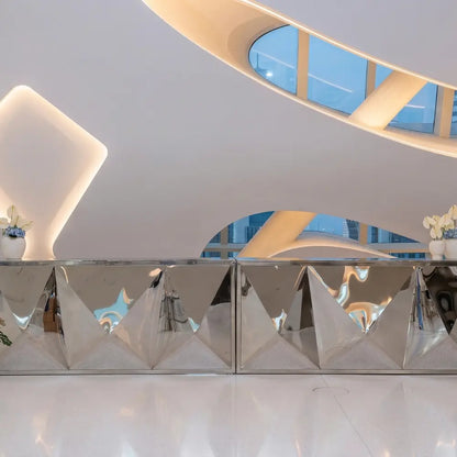 Mirror Bar Unit in an ultra-modern lobby, featuring a sleek, geometric design ideal for upscale events. Perfect as a glamorous focal point for celebrations.