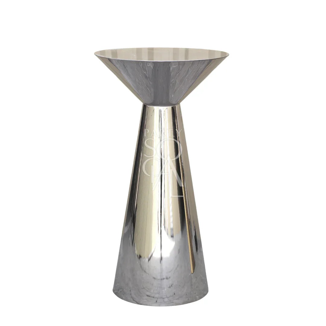 MIRROR COCKTAIL TABLES: A sleek, silver cone-shaped table ideal for versatile event settings, perfect for enhancing any party or special occasion décor.
