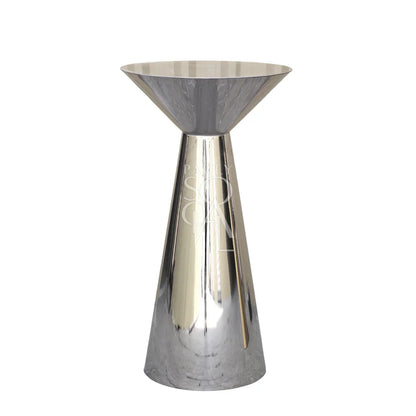 MIRROR COCKTAIL TABLES: A sleek, silver cone-shaped table ideal for versatile event settings, perfect for enhancing any party or special occasion décor.