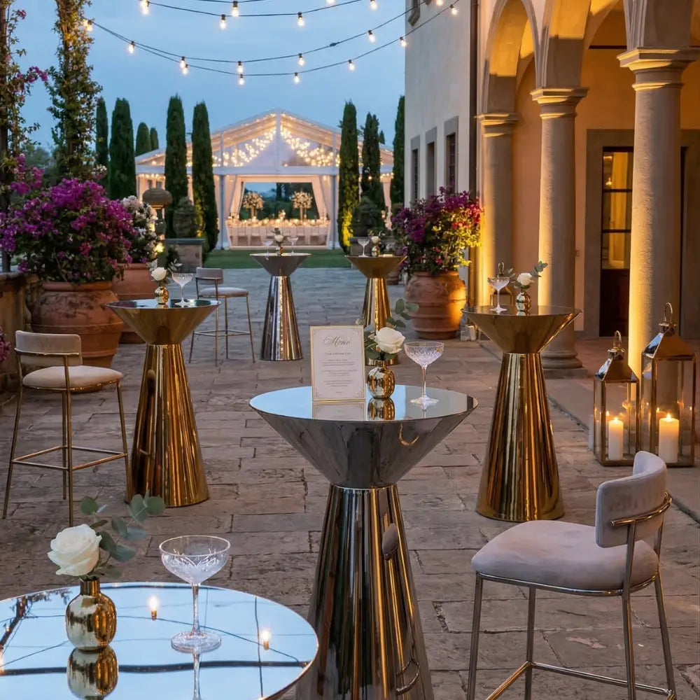 Mirror Cocktail Tables with mirrored surfaces and elegant gold vases adorn an outdoor cocktail setup, reflecting Party Social&