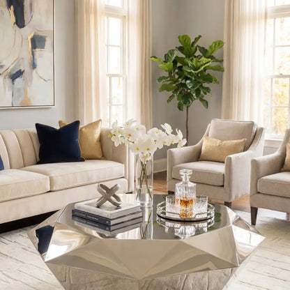 Mirrored silver coffee table adorned with orchids, books, and crystal decanter, set in a stylish living room with cream sofa and abstract art.