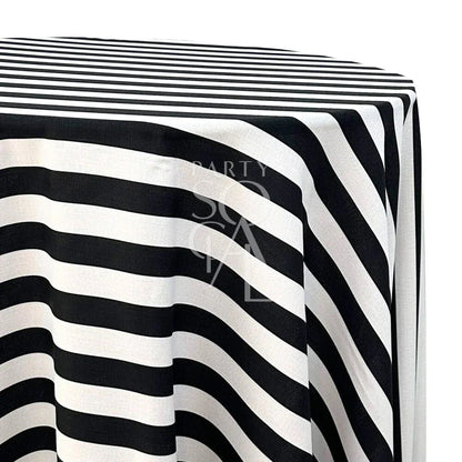 SMALL STRIPES ROUND TABLECLOTH featuring black and white stripes adds a premium touch to dining setups, ideal for events and parties by Party Social.