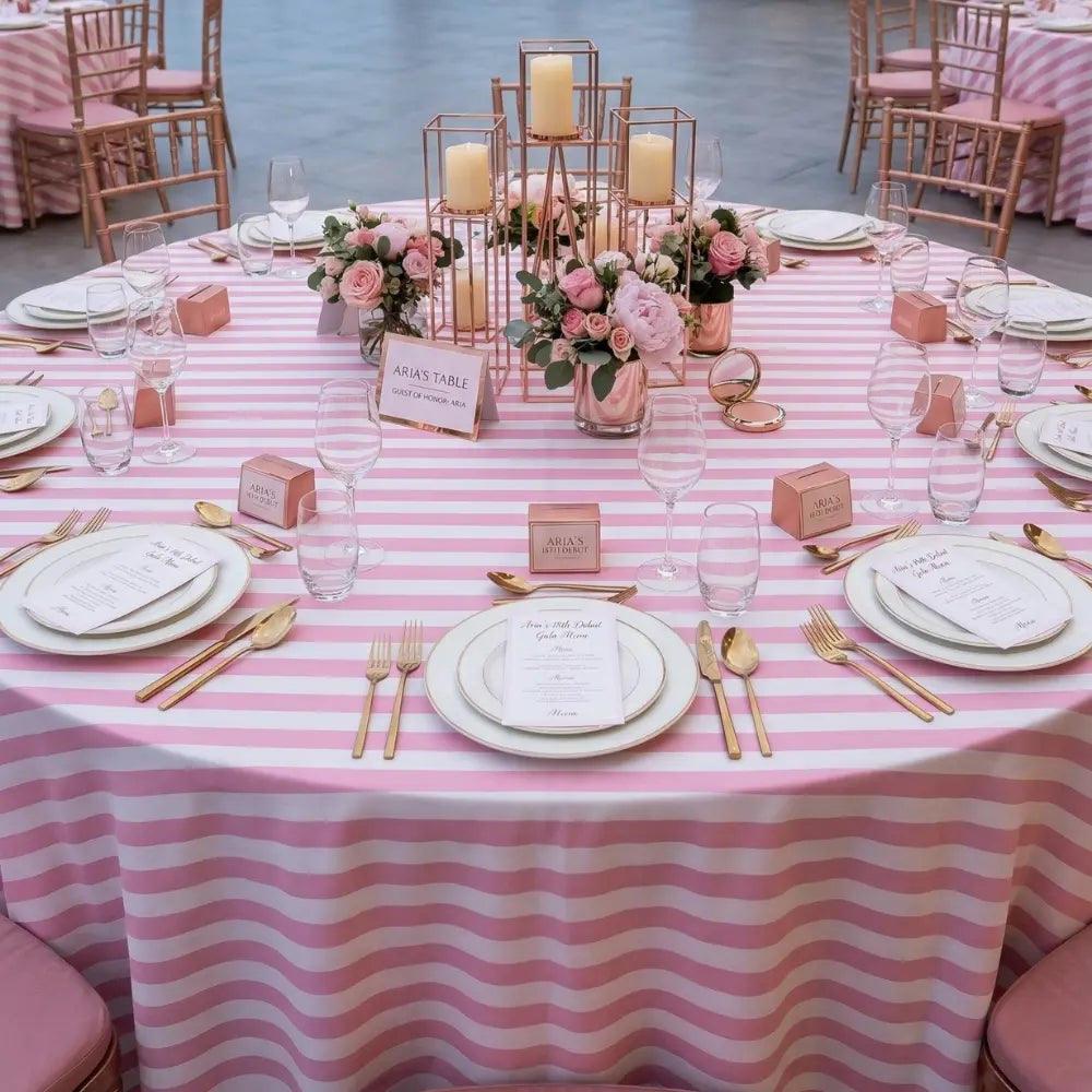 SMALL STRIPES ROUND TABLECLOTH elegantly decorates a formal banquet table with pink-and-white stripes, enhancing the birthday celebration&