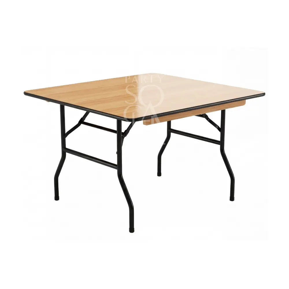 Square Banquet Tables with light wood-grain top and black metal legs, perfect for events or extra dining space, enhancing any occasion with style and function.