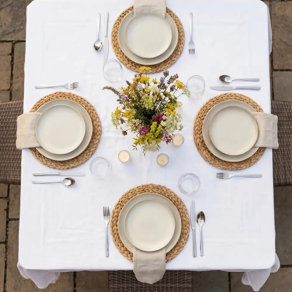Square banquet table set with dinnerware, woven placemats, and wildflowers centerpiece, ideal for sophisticated events.