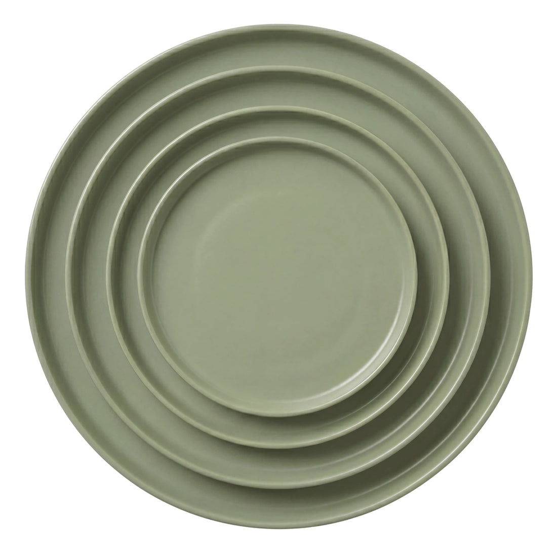 Sage Ceramic Collection: Overhead view of four nested olive-green plates, ranging from charger to B&amp;B size, showcasing elegant settings for any event.