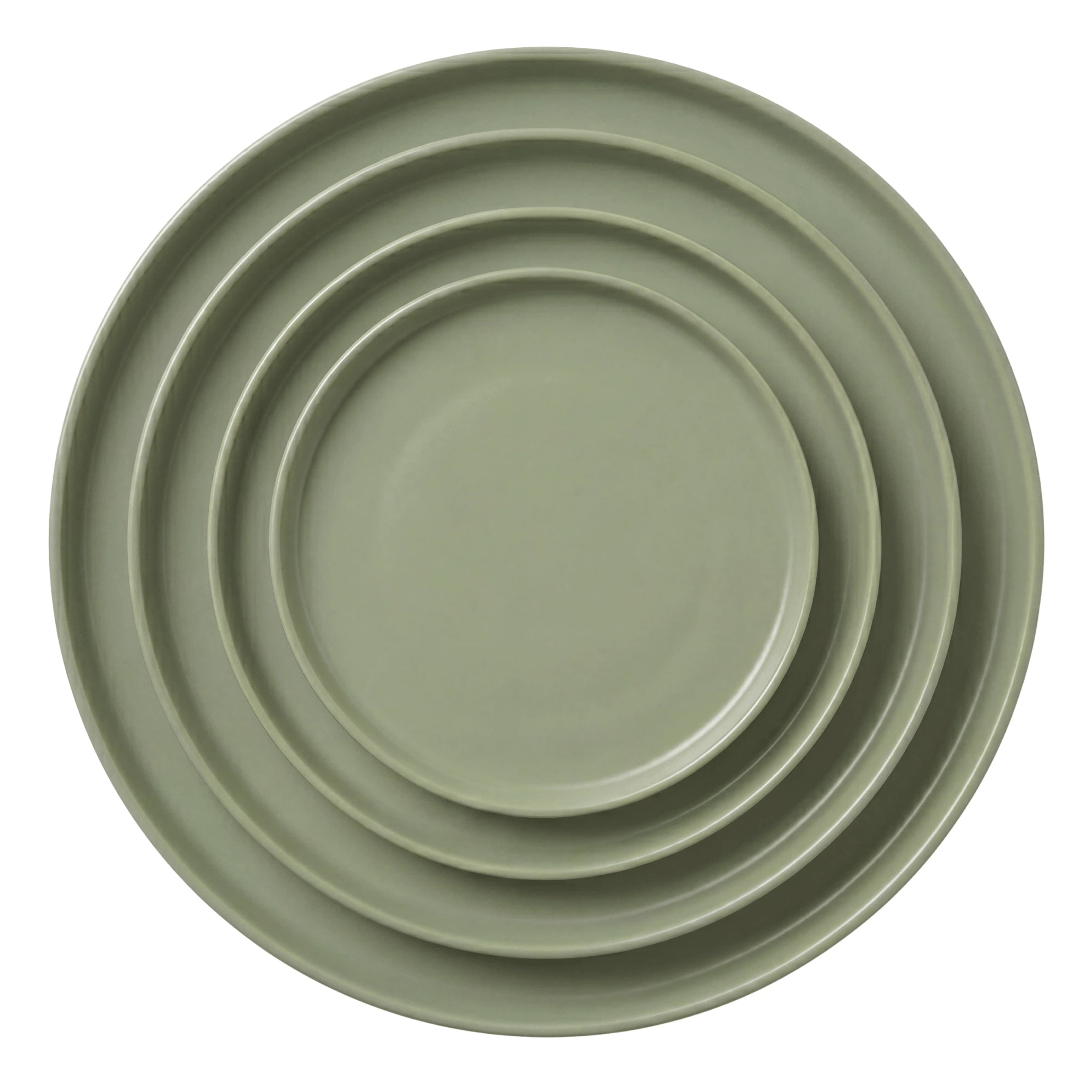 Sage Ceramic Collection: Overhead view of four nested olive-green plates, ranging from charger to B&amp;B size, showcasing elegant settings for any event.