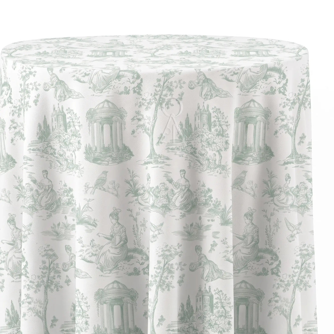 A round tablecloth with a classic French toile de Jouy pattern in sage green on an off-white background, showing draped fabric folds.