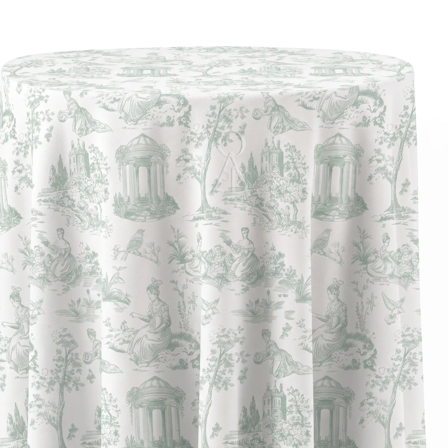 A round tablecloth with a classic French toile de Jouy pattern in sage green on an off-white background, showing draped fabric folds.