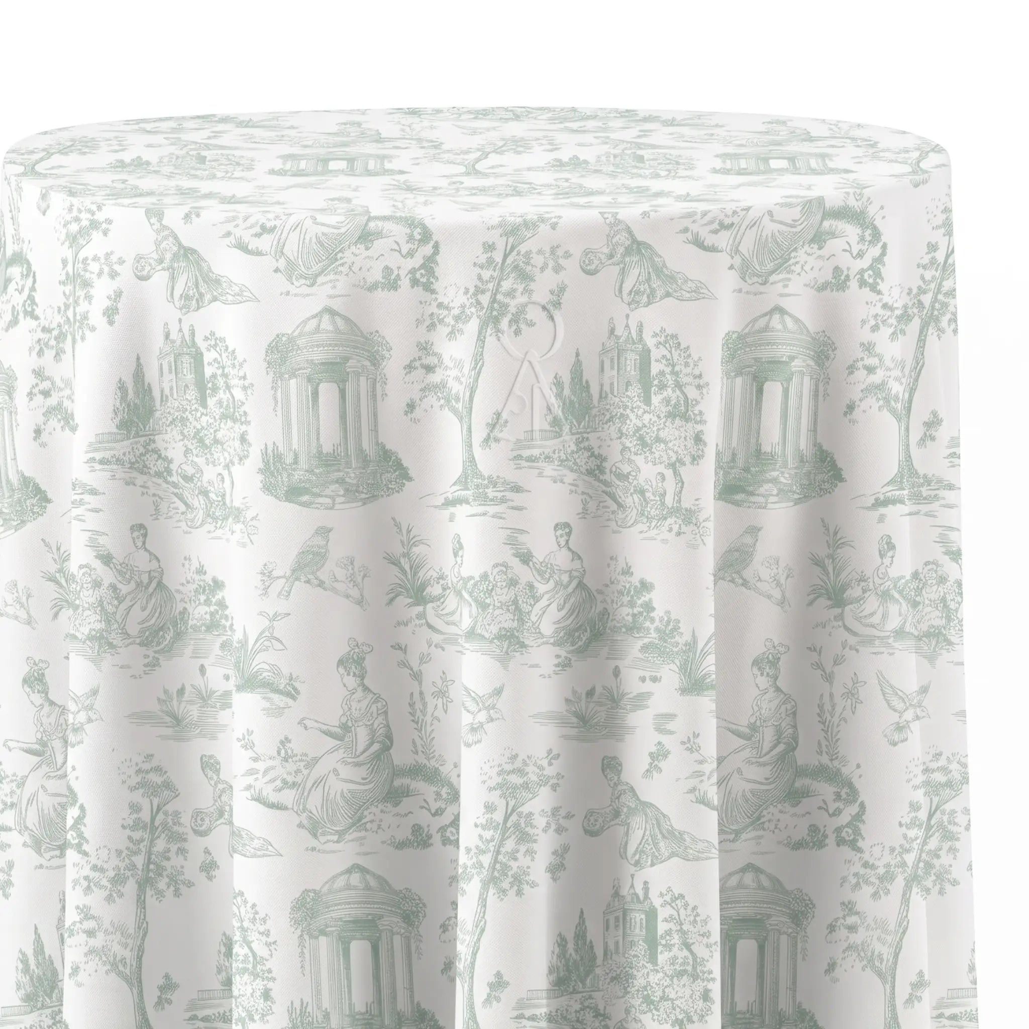 A round tablecloth with a classic French toile de Jouy pattern in sage green on an off-white background, showing draped fabric folds.