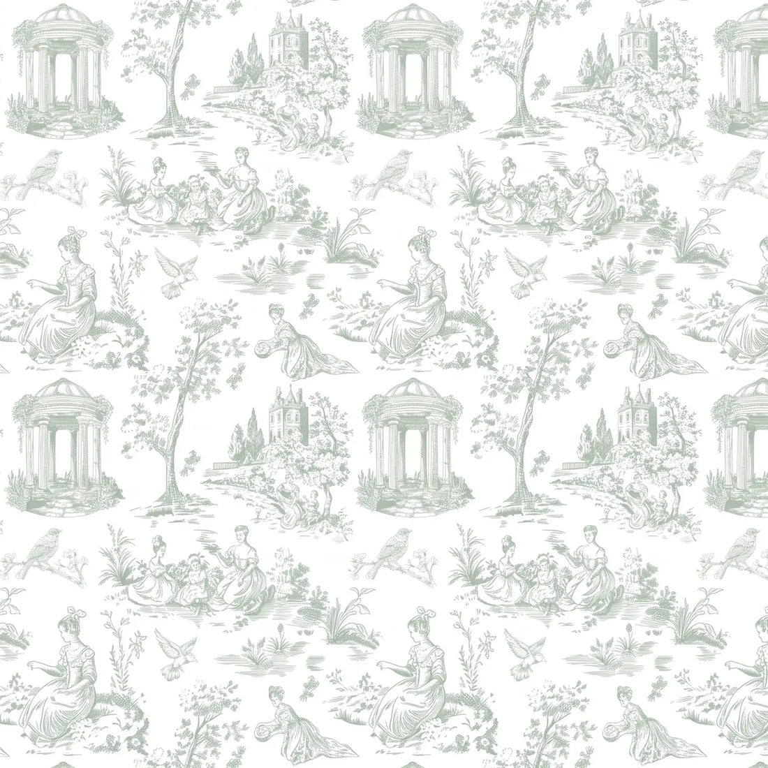 A repeating toile-style pattern in pale sage green on a white background, featuring classical figures, trees, birds, and small architectural scenes.