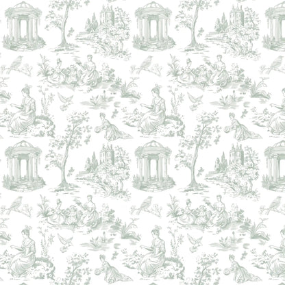 A repeating toile-style pattern in pale sage green on a white background, featuring classical figures, trees, birds, and small architectural scenes.