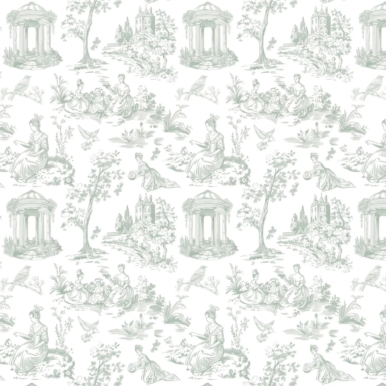 A repeating toile-style pattern in pale sage green on a white background, featuring classical figures, trees, birds, and small architectural scenes.