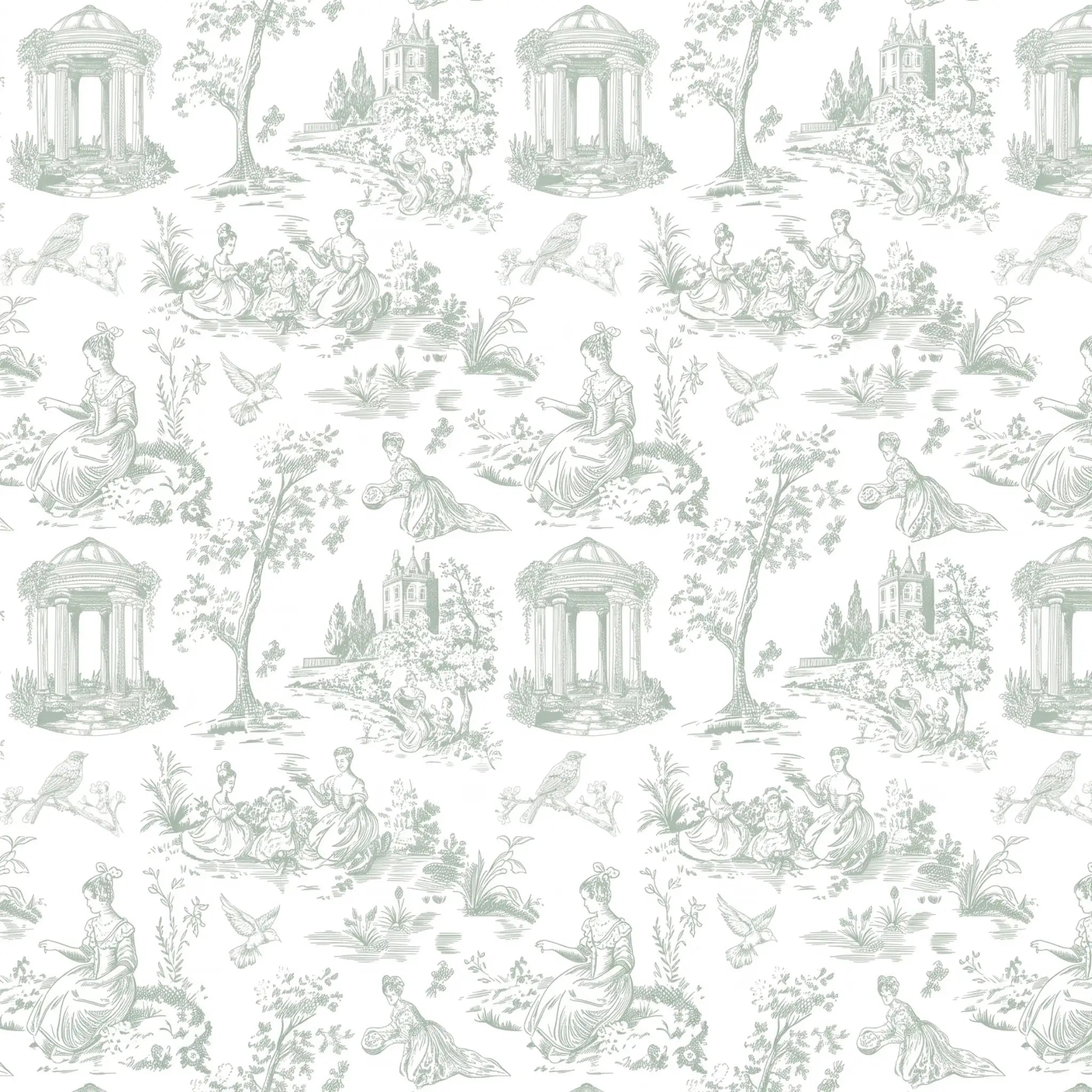 A repeating toile-style pattern in pale sage green on a white background, featuring classical figures, trees, birds, and small architectural scenes.