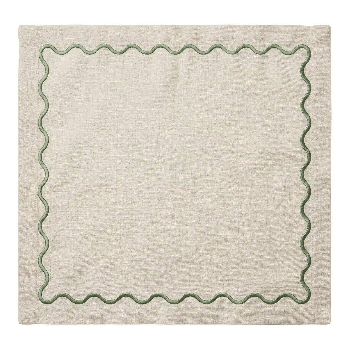 A square beige linen napkin with a scalloped green border, shown flat against a white background.