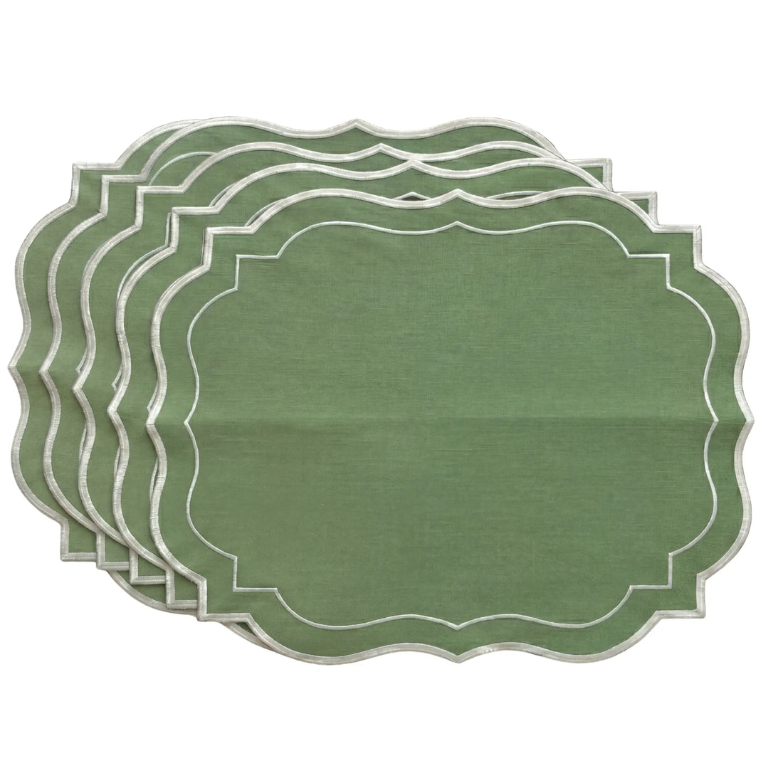 Sage Green Scalloped Linen Placemat with white-stitched border, showcasing elegant scalloped edges. Perfect for enhancing table settings, sold as a set of four.