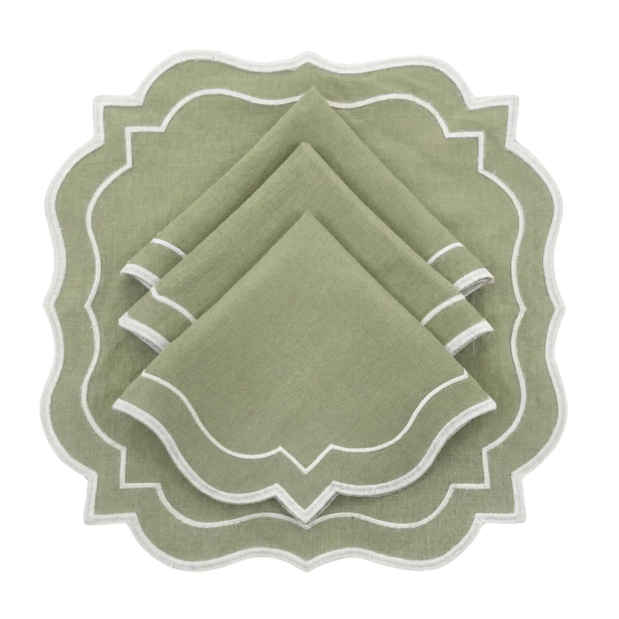 Sage Green Scalloped Linen Napkins - Set of 4 featuring scalloped edges and white trim, perfect for elegant dining and versatile for any event.