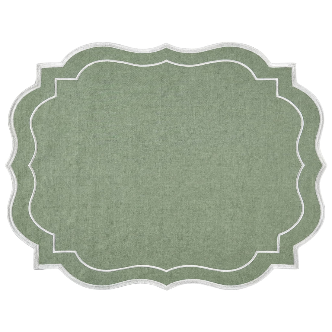 Sage Green Scalloped Linen Placemat with white-stitched border, showcasing elegant scalloped edges. Perfect for enhancing table settings, sold as a set of four.