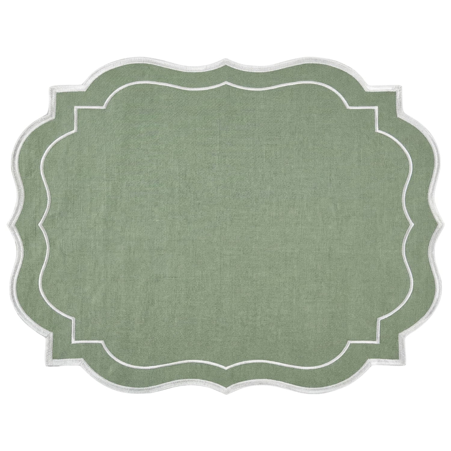 Sage Green Scalloped Linen Placemat with white-stitched border, showcasing elegant scalloped edges. Perfect for enhancing table settings, sold as a set of four.