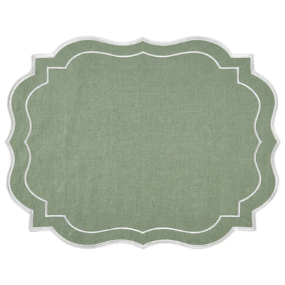 Sage Green Scalloped Linen Placemat with white-stitched border, showcasing elegant scalloped edges. Perfect for enhancing table settings, sold as a set of four.