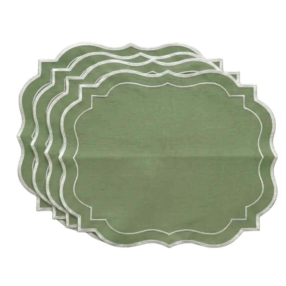 Sage Green Scalloped Linen Placemats - Set of 4, featuring scalloped edges and white embroidery for elegant table settings, perfect for parties and events.
