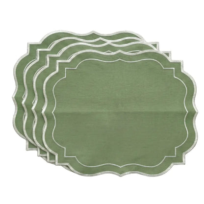 Sage Green Scalloped Linen Placemats - Set of 4, featuring scalloped edges and white embroidery for elegant table settings, perfect for parties and events.