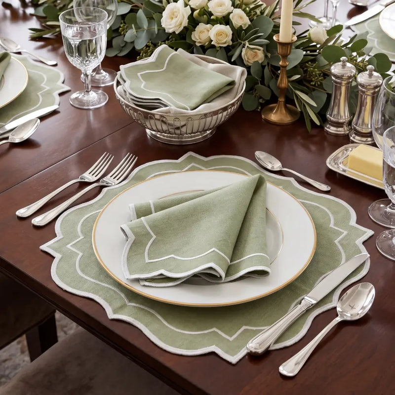 Sage Green Scalloped Linen Napkins - Set of 4