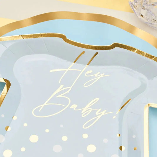 Everyday Sky Blue Dinner Plate with gold-foil rim and Hey Baby! script, perfect for baby showers; part of Party Social's stylish tableware collection.