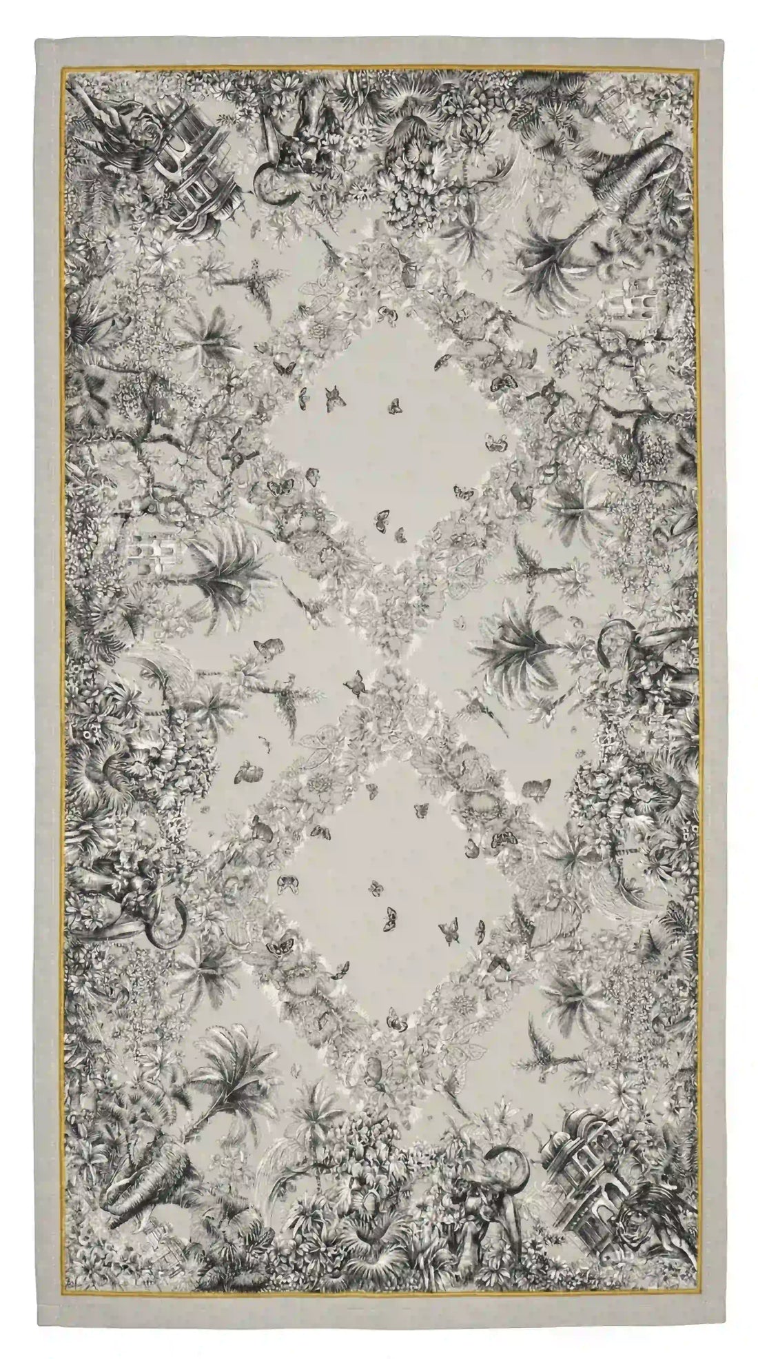Savannah Toile Linen Tablecloth featuring intricate gray toile design with floral diamonds, butterflies, and a tropical border with wildlife, ideal for elegant dining settings.