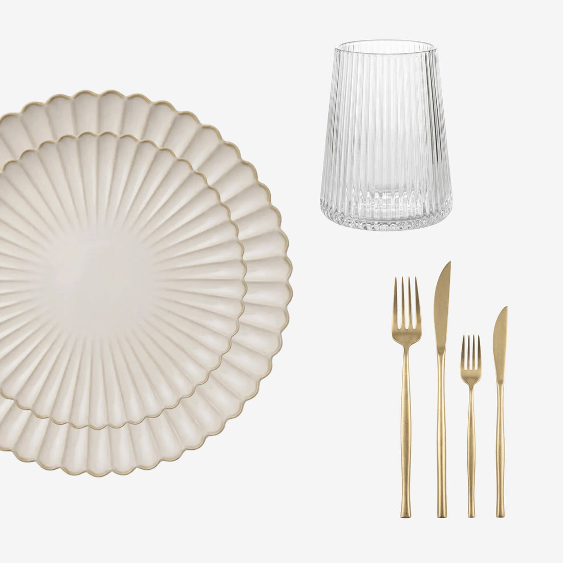Scallop Tabletop Package: Two scalloped ceramic plates, ribbed clear tumbler, and gold-tone flatware, ideal for elegant dining experiences.