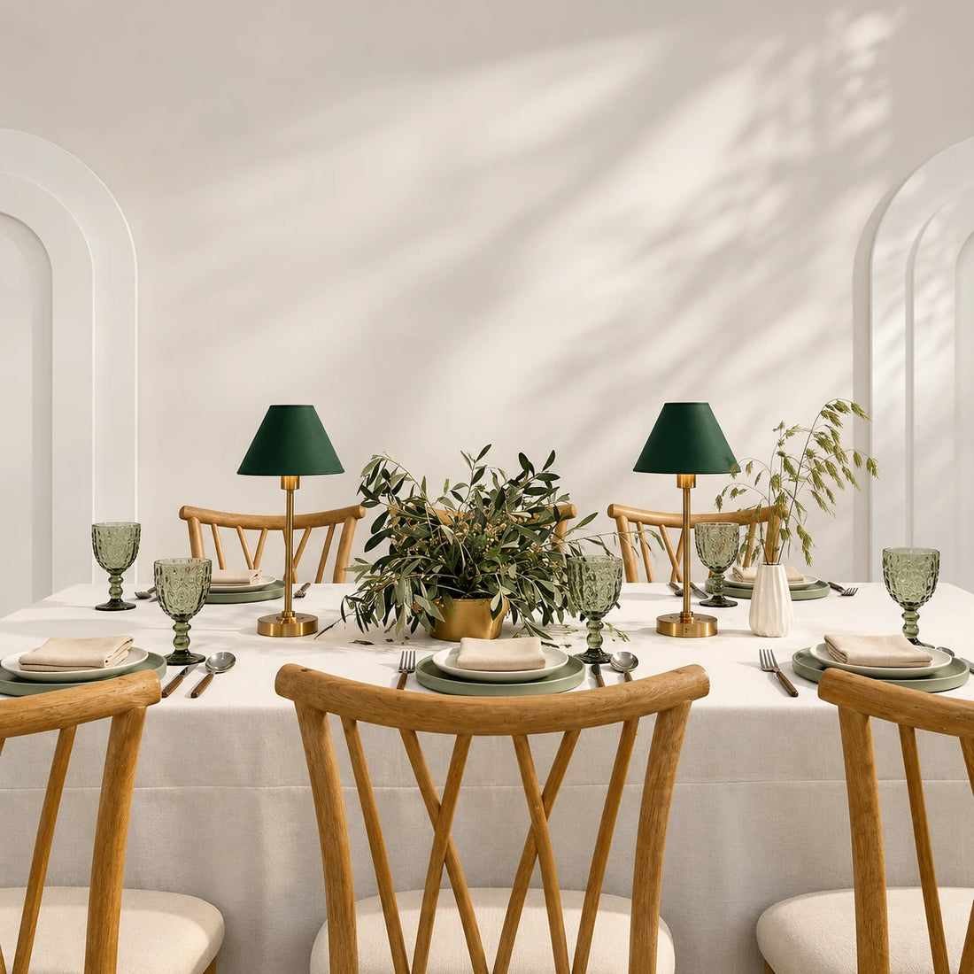 Serene Green Dinner Table Setup for rent in Dubai