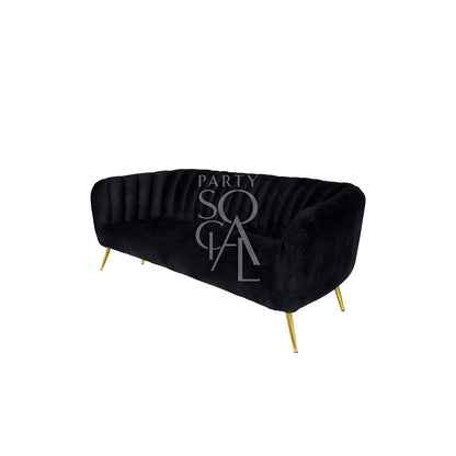 BLACK VELVET 3-SEATER with gold-finish legs, perfect for modern lounge seating. Ideal for event spaces by Party Social.