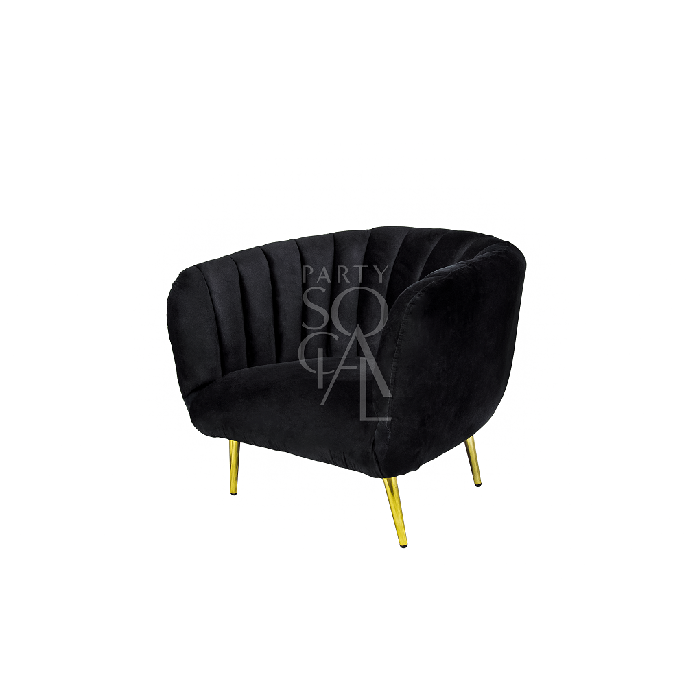 BLACK VELVET SINGLE SEATER featuring a sleek design with gold-finish legs, ideal for elegant lounge seating at events or parties.