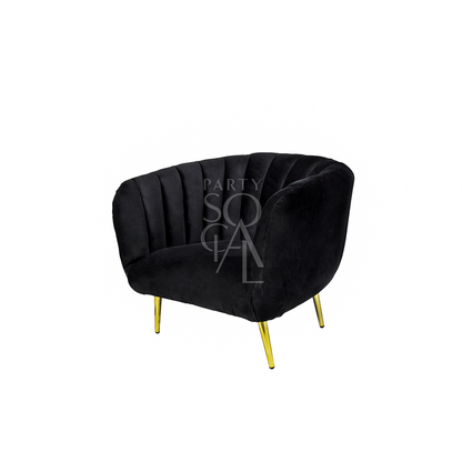 BLACK VELVET SINGLE SEATER featuring a sleek design with gold-finish legs, ideal for elegant lounge seating at events or parties.