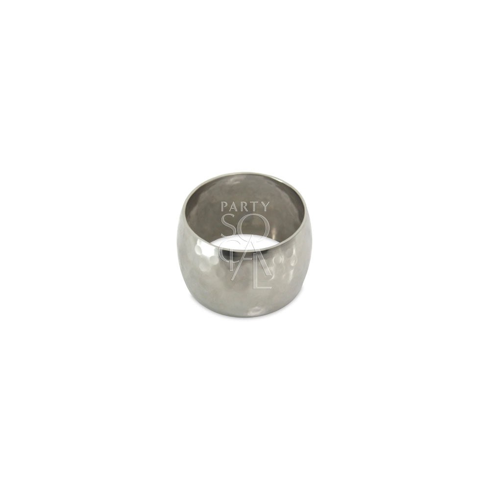 NAPKIN RING - HAMMERED DOME: A simple, round silver napkin ring with a hammered texture, perfect for complementing any elegant tablescape setup.