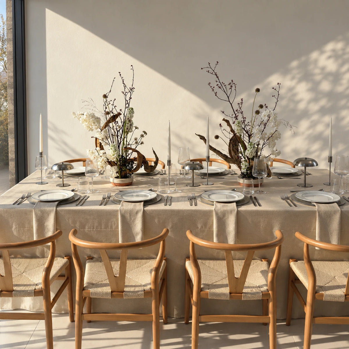 A styled dining table set with a beige tablecloth, matching napkins, white plates, clear glassware, and two floral centerpieces, surrounded by four wooden chairs with woven seats in a sunlit room.