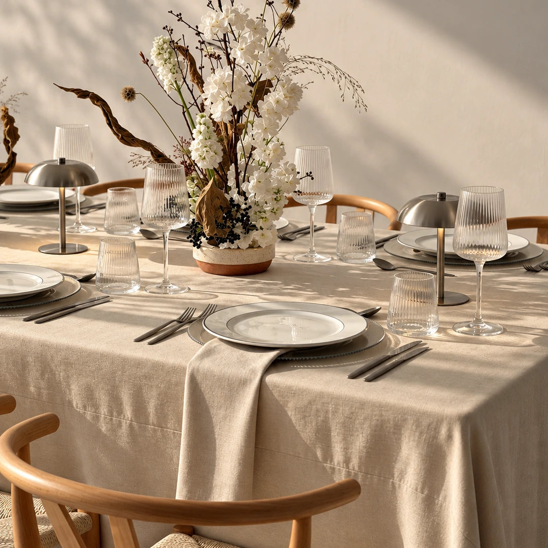 A styled dining table set with a beige linen tablecloth, white plates, silver cutlery, ribbed glassware, and a central floral arrangement in a vase, photographed in a warm, sunlit room.