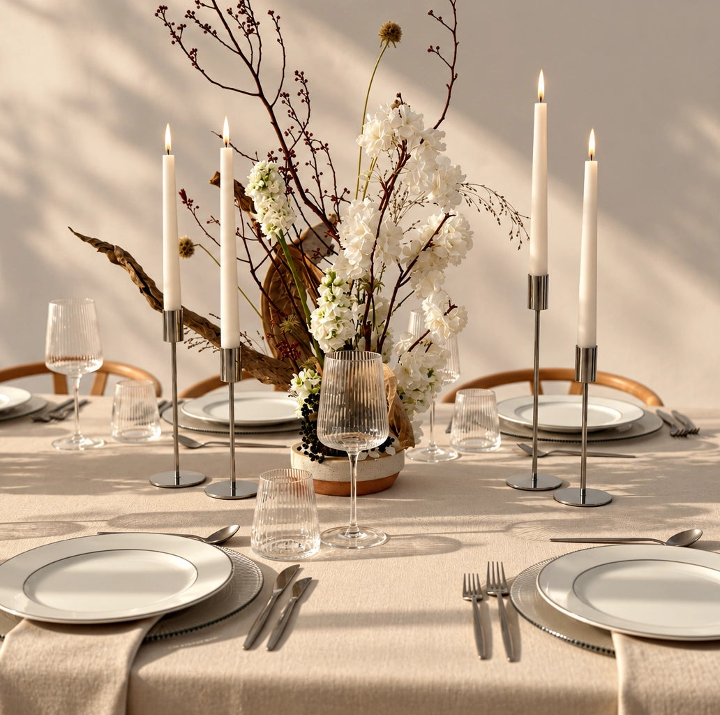 A styled dining table setting with white plates, clear textured wine glasses, silver cutlery, tall white taper candles in silver holders, and a floral centerpiece with white blossoms and dried branches on a beige tablecloth.