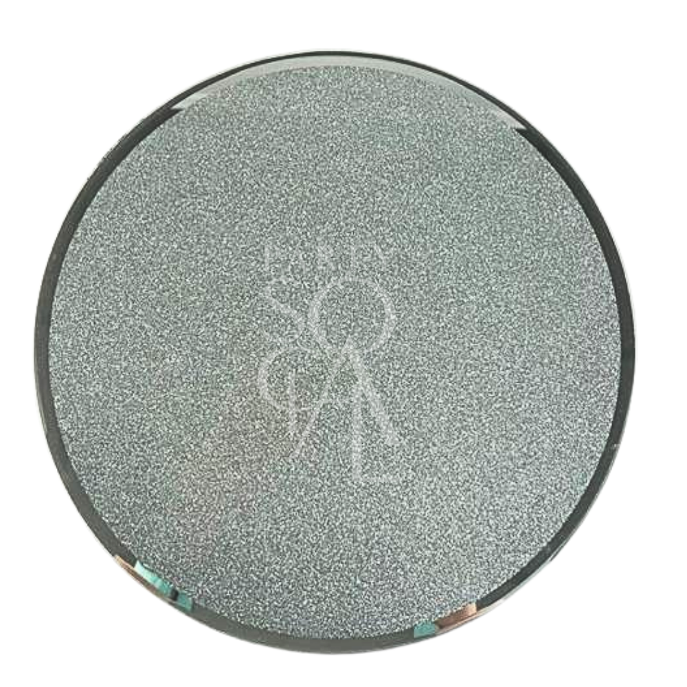 SILVER DUST ROUND CENTERPIECE with a silver speckled design, ideal for enhancing elegant dining setups, photographed from above against a simple background.