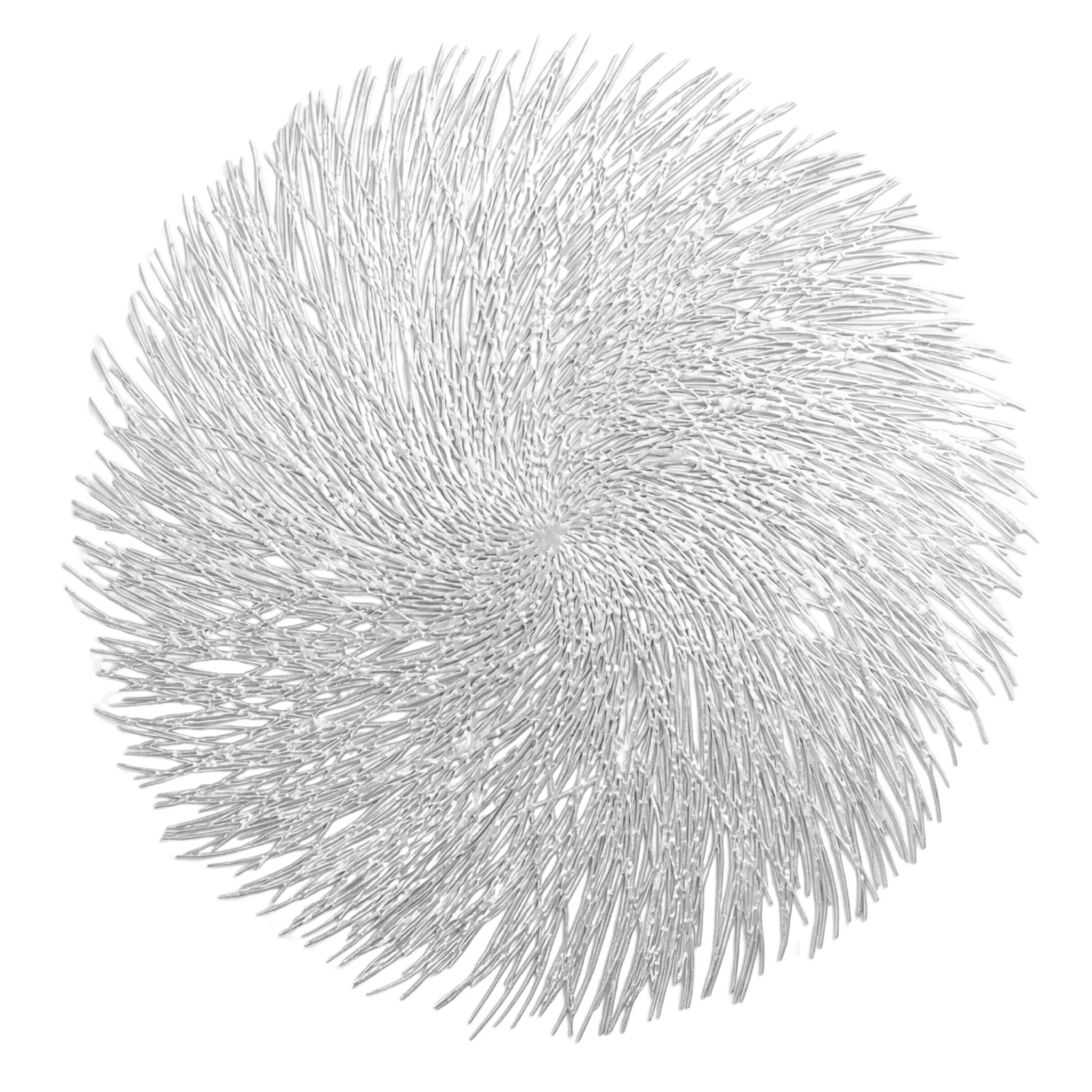 Silver Swirl Placemat: Abstract spiral design resembling a frosty starburst, adding modern elegance and texture to tablescapes for events and celebrations.