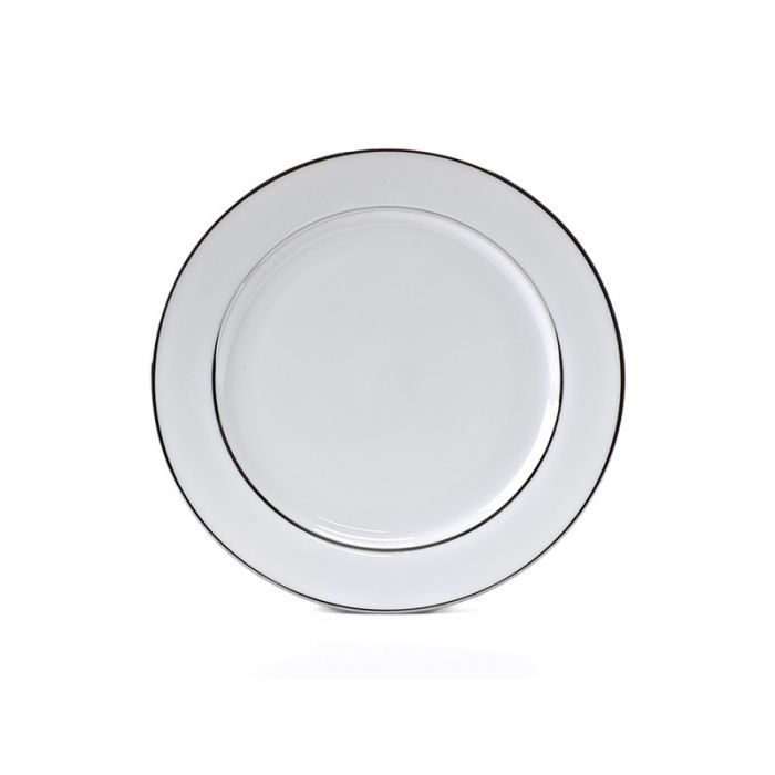 MODERN CHINA SILVER RIM PLATE, circular dishware, ideal for premium events, available in dinner, soup, and dessert sizes from Party Social.