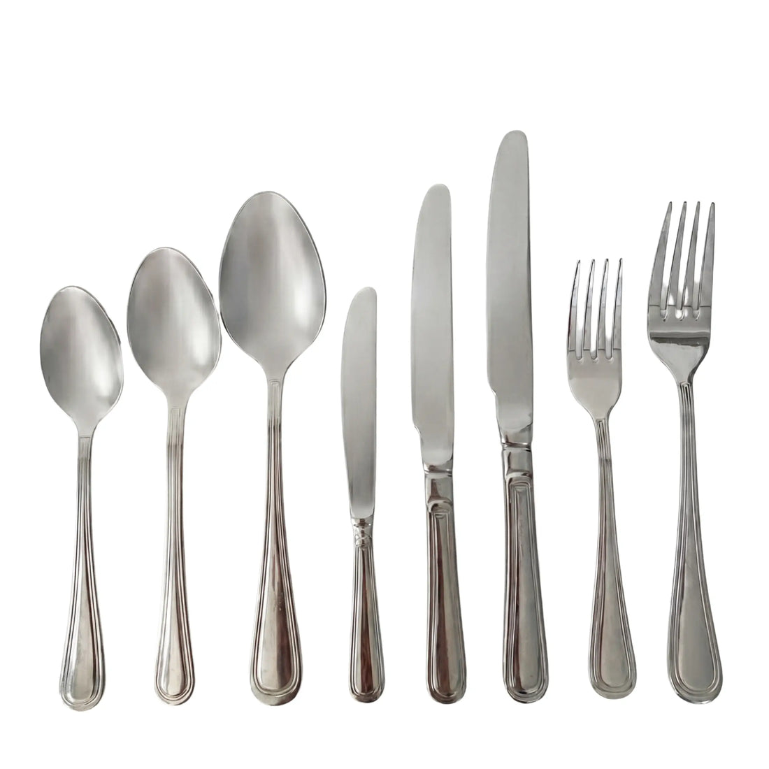Simple Silver Cutlery Collection: Stainless-steel flatware set includes various spoons, knives, and forks, ideal for elegant party and event settings.