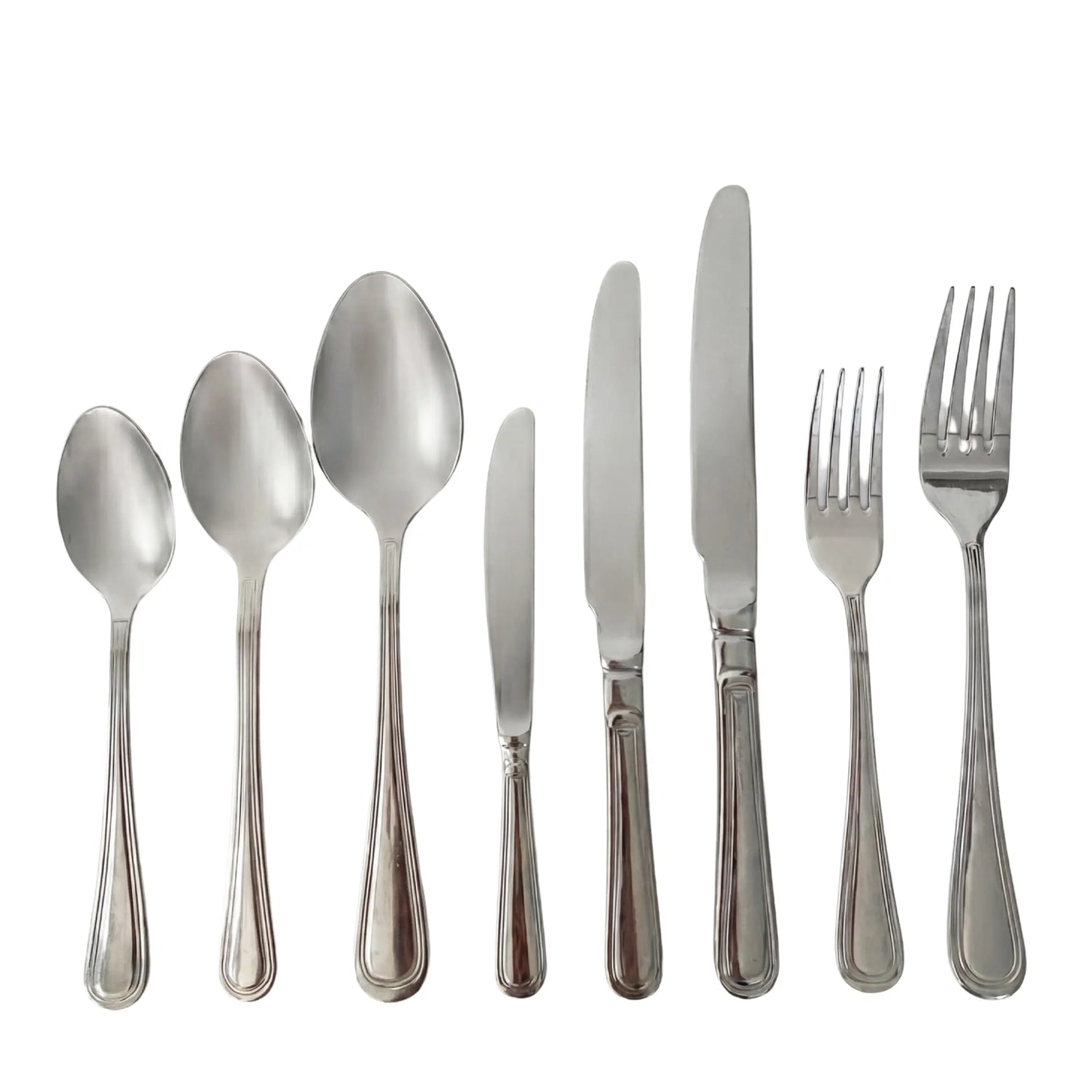 Simple Silver Cutlery Collection: Stainless-steel flatware set includes various spoons, knives, and forks, ideal for elegant party and event settings.