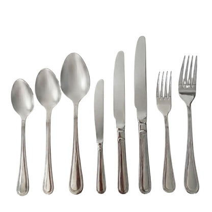 Simple Silver Cutlery Collection: Stainless-steel flatware set includes various spoons, knives, and forks, ideal for elegant party and event settings.