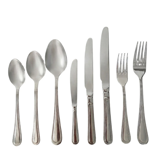 Simple Silver Cutlery Collection: Stainless-steel flatware set includes various spoons, knives, and forks, ideal for elegant party and event settings.