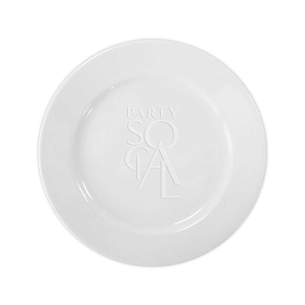 Simple White Plates on a white surface, ideal for premium events, available in various sizes including dinner and dessert plates, as part of Party Social&