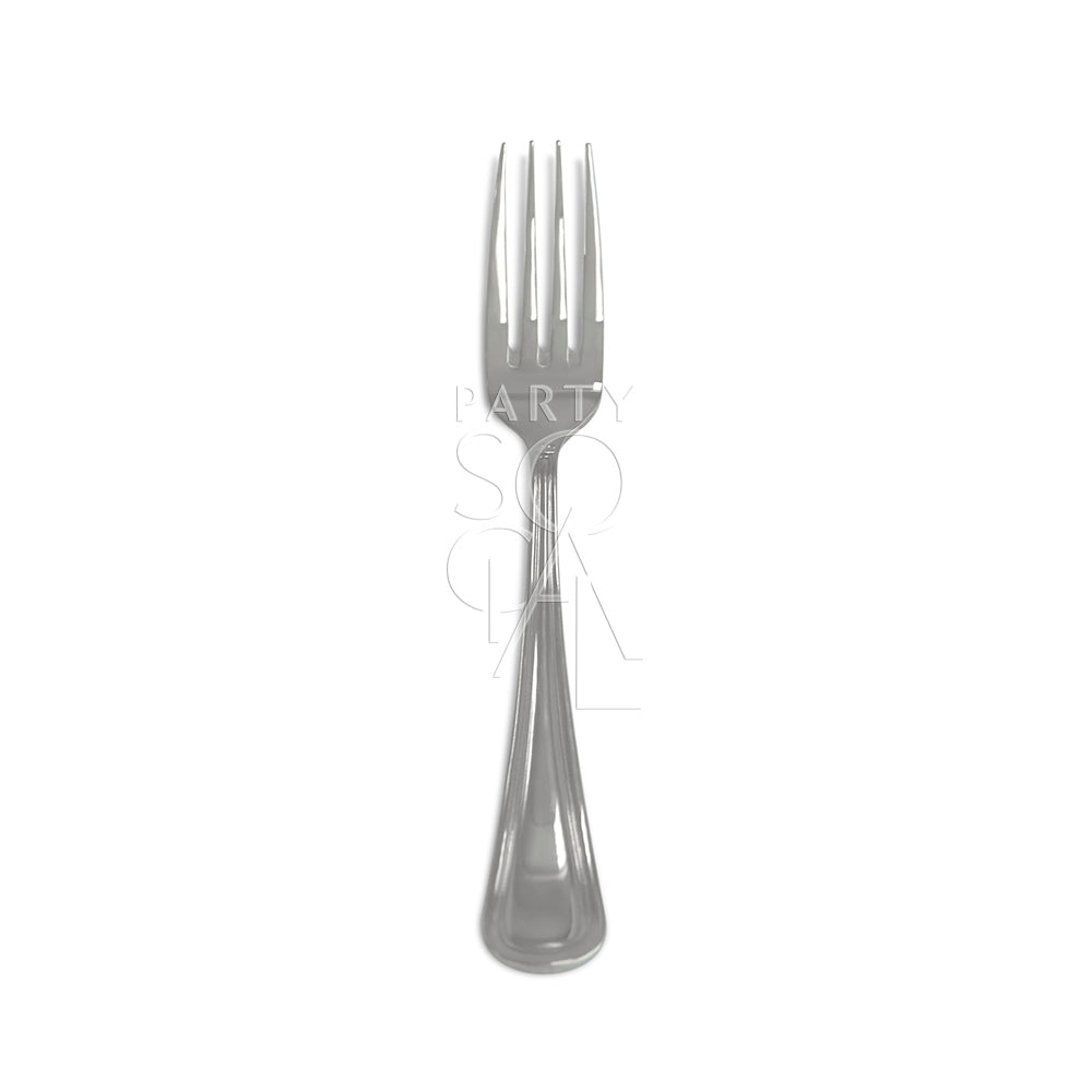 CUTLERY SIMPLE SILVER: A silver fork from the classic, durable flatware set, ideal for any table setting. Available at Party Social for AED 3 each.