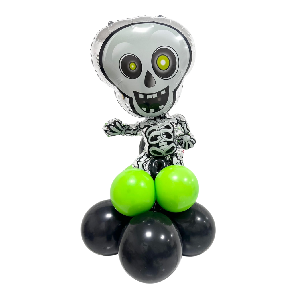 Skeleton Balloon Stack featuring a silver skull balloon atop green and black balloons, perfect for Halloween party décor.