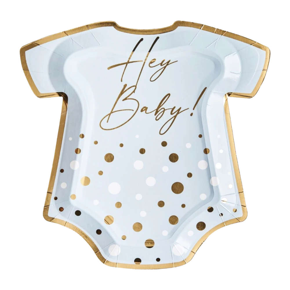 Everyday Sky Blue Salad Plate with a bodysuit design, ideal for stylish events like baby showers and birthdays. Comes in a package of eight.